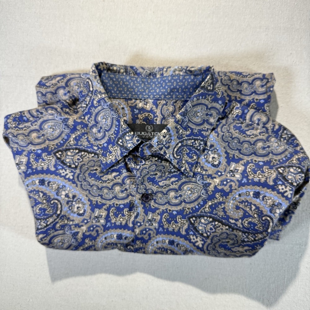 Men's L Bugatchi Uomo Dress Shirt Paisley Print Blue Gold Eye Catcher